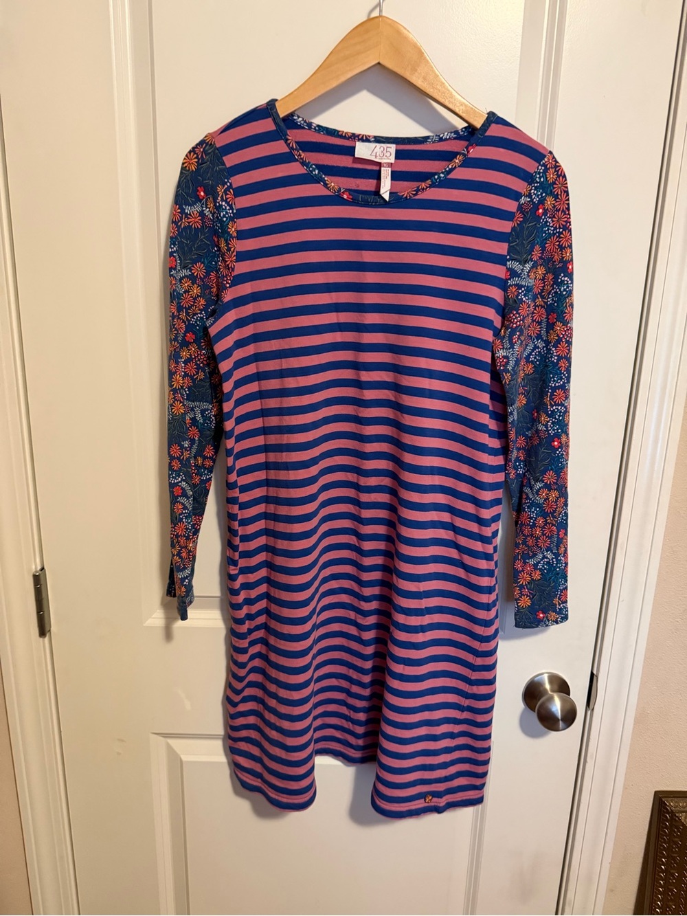 Matilda Jane 435 Pink and Navy Striped Dress with Floral Sleeves